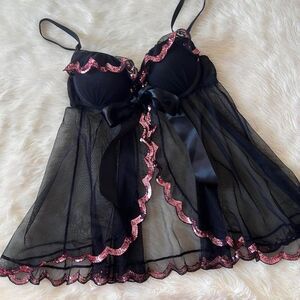 Victoria's Secret Black Pink Sequin Babydoll Nightie Lingerie 34B
